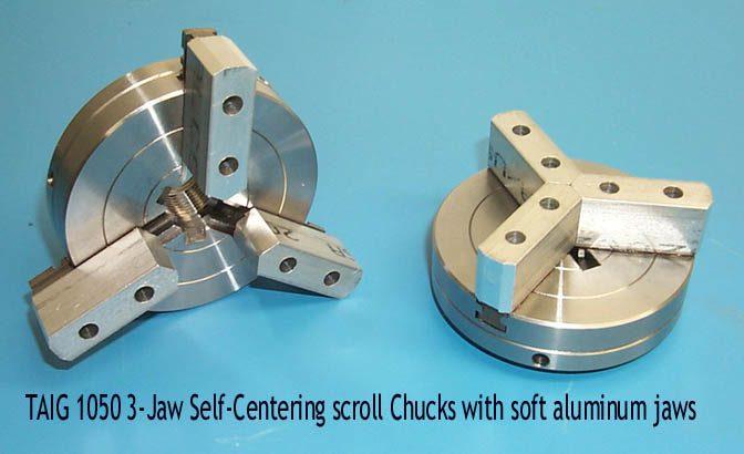 TAIG 1050 3-Jaw Self-Centering Scroll Chucks with soft aluminum jaws.