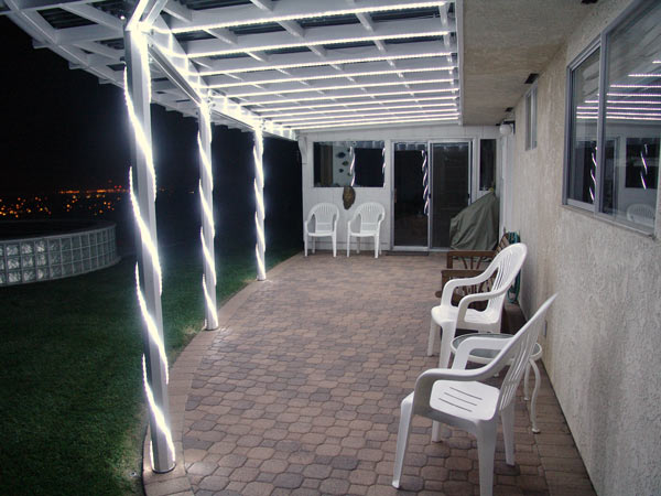 Night view LED lit patio cover.