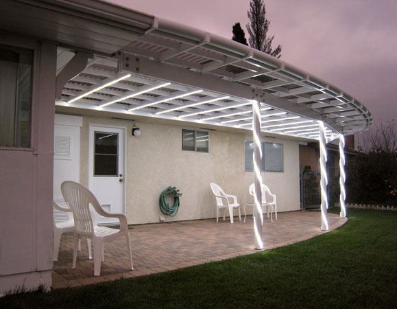 Night view LED lit patio cover.